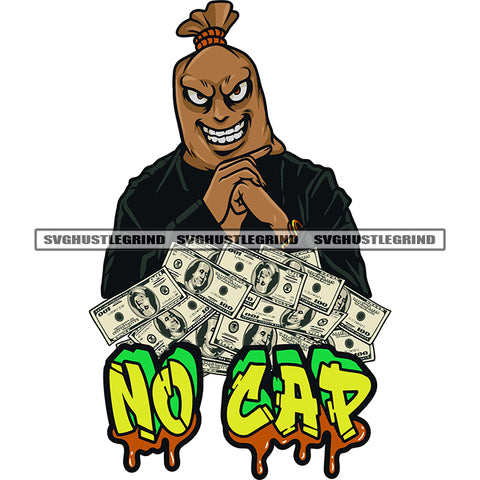 No Gap Quote Color Dripping Money Bag Cartoon Character Sitting Pose Smile Face Lot Of Money Note Design Element White Background SVG JPG PNG Vector Clipart Cricut Silhouette Cut Cutting