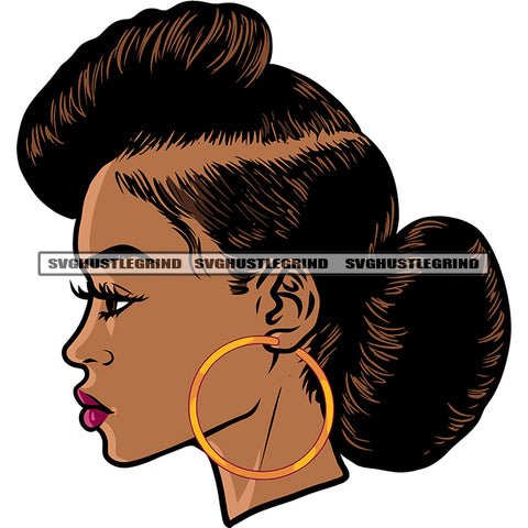 African American Woman Side Face Wearing Hoop Earing Smile Face Design Element Afro Woman Cute Face White Background SVG JPG PNG Vector Clipart Cricut Silhouette Cut Cutting