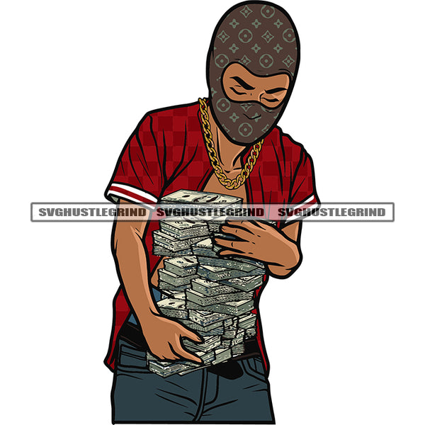 Gangster African American Boy Wearing Ski Mask And Gold Chain Hand Holding Lot Of Money Bundle Design Element White Background SVG JPG PNG Vector Clipart Cricut Silhouette Cut Cutting