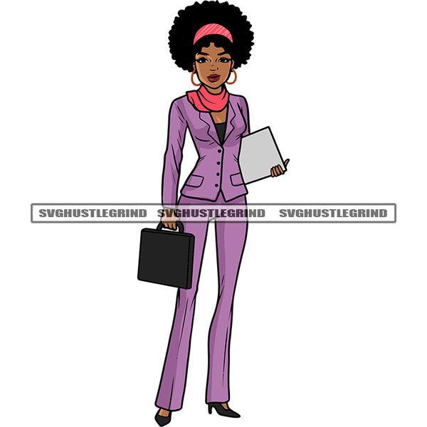 Gangster African Woman Standing Business Woman Smile Face Afro Puffy Hairstyle Design Element White Background SVG JPG PNG Vector Clipart Cricut Silhouette Cut Cutting