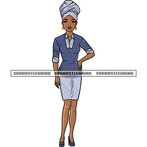 African American Woman Smile Face Standing Design Element Wearing Head Scarf White Background SVG JPG PNG Vector Clipart Cricut Silhouette Cut Cutting