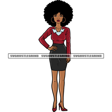 Cute African American Educated Woman Standing And African Puffy Hairstyle Design Element White Background SVG JPG PNG Vector Clipart Cricut Silhouette Cut Cutting
