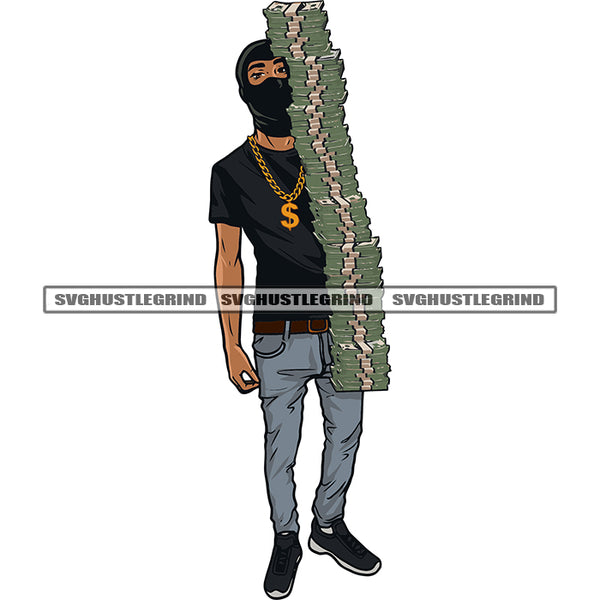 Gangster African American Man Hand Holding Lot Of Money Bundle And Wearing Ski Mask White Background SVG JPG PNG Vector Clipart Cricut Silhouette Cut Cutting