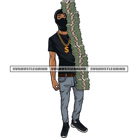 Gangster African American Man Hand Holding Lot Of Money Bundle And Wearing Ski Mask White Background SVG JPG PNG Vector Clipart Cricut Silhouette Cut Cutting