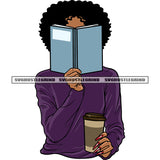 Woman Hide Face On Book African American Woman Hand Holding Coffee Mug Afro Curly Hairstyle Design Element SVG JPG PNG Vector Clipart Cricut Silhouette Cut Cutting