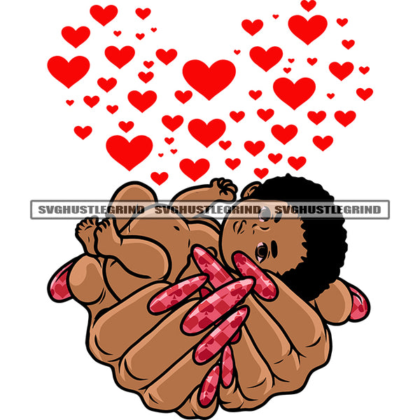 Afro Baby Sleeping On African American Woman Hand Long Nail Lot Of Love Symbol Flying Design Element SVG JPG PNG Vector Clipart Cricut Silhouette Cut Cutting