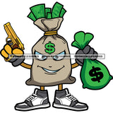 Angry Face Funny Cartoon Character Hand Holding Money Bag And Gun Design Element Smile Face White Background SVG JPG PNG Vector Clipart Cricut Silhouette Cut Cutting