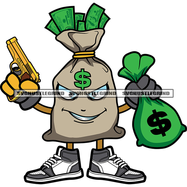 Angry Face Funny Cartoon Character Hand Holding Money Bag And Gun Design Element Smile Face White Background SVG JPG PNG Vector Clipart Cricut Silhouette Cut Cutting