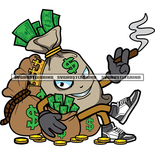 Money Bag Cartoon Character Sleeping On Money Bag Bed Smoking Marijuana Bitcoin On Floor Crown On Head Design Element White Background SVG JPG PNG Vector Clipart Cricut Silhouette Cut Cutting