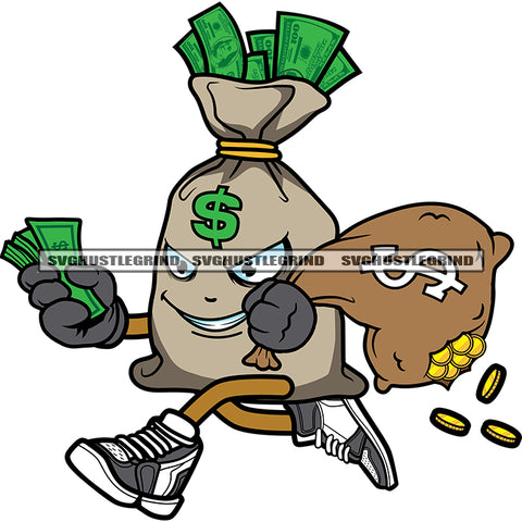 Running Money Bag Cartoon Character Hand Holding Money Bag And Money Not Fall Down On Gold Coin Design Element SVG JPG PNG Vector Clipart Cricut Silhouette Cut Cutting