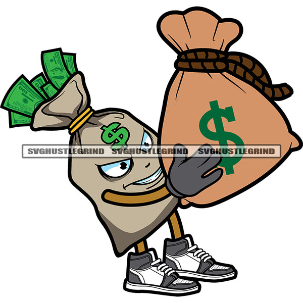 Cartoon Character Money Bag Also Holding Money Bag Design Element Cartoon Smile Face White Background SVG JPG PNG Vector Clipart Cricut Silhouette Cut Cutting