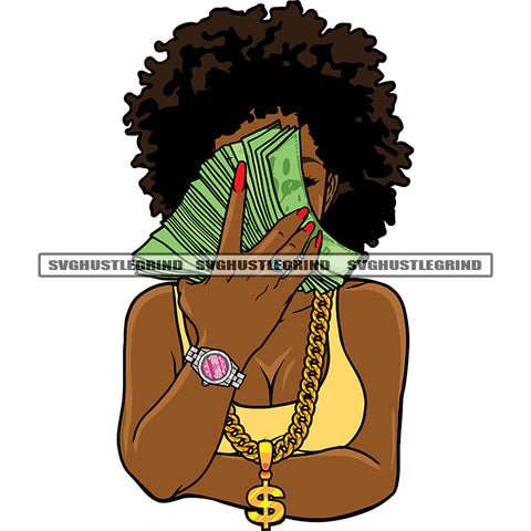 African American Woman Hand Holding Money Note Hide Face Afro Short Hairstyle Design Element Wearing Dollar Sign Locket With Chain SVG JPG PNG Vector Clipart Cricut Silhouette Cut Cutting