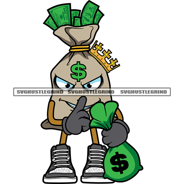 Keep Silent Hand Sign Showing Funny Money Bag Cartoon Character Standing And Holding Money Bag Design Element SVG JPG PNG Vector Clipart Cricut Silhouette Cut Cutting