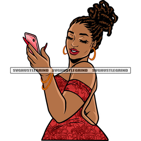 Sexy African American Woman Take Selfie Pose Afro Locus Hairstyle Smile Face Afro Girls Wearing Hoop Earing Design Element SVG JPG PNG Vector Clipart Cricut Silhouette Cut Cutting