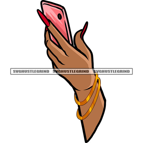 Woman Hand Holding Phone African American Woman Hand Long Nail Red Color Design Element White Background SVG JPG PNG Vector Clipart Cricut Silhouette Cut Cutting