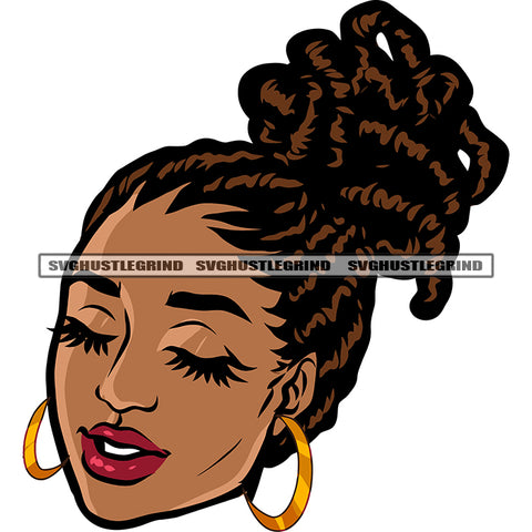Smile Face African American Woman Locus Hairstyle Wearing Hoop Earing And Close Eyes Locus Hairstyle Design Element SVG JPG PNG Vector Clipart Cricut Silhouette Cut Cutting