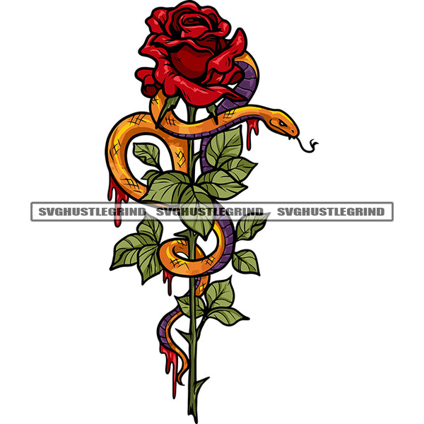 Snake On Rose Flower Thorns Twisted Snake Color Design Element Snake Blood Dripping White Background SVG JPG PNG Vector Clipart Cricut Silhouette Cut Cutting