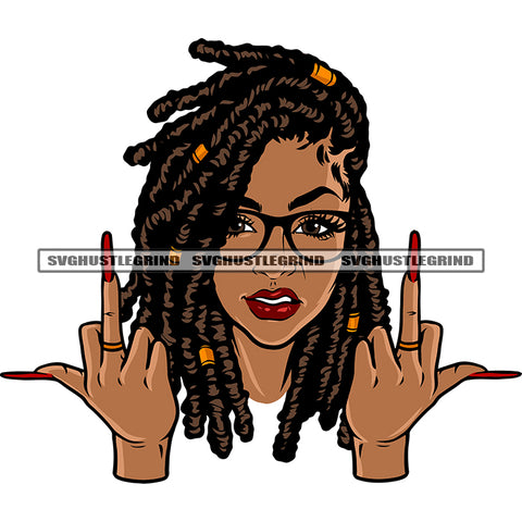 Gangster African American Woman Showing Middle Finger Long Nail Locus Short Hairstyle Design Element Afro Girls Wearing Sunglass SVG JPG PNG Vector Clipart Cricut Silhouette Cut Cutting