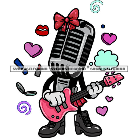 Music Note Boots Rock Mic Cartoon Character Holding Gaiter Microphone Character Standing Lover Heart Woman Lips Symbol Design Element SVG JPG PNG Vector Clipart Cricut Silhouette Cut Cutting