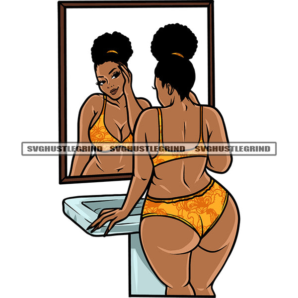 Plus Size Woman Standing And Lookin His Face On Mirror Afro Short Hairstyle Afro Girls Wearing Bikini Design Element White Background SVG JPG PNG Vector Clipart Cricut Silhouette Cut Cutting