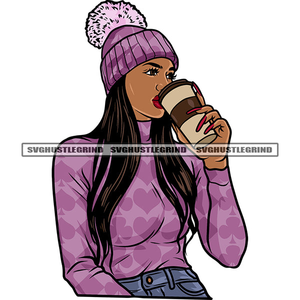 African American Woman Hand Holding Coffee Mug Wearing Winter Dress Long Hairstyle Design Element Wearing Hat Cute Face SVG JPG PNG Vector Clipart Cricut Silhouette Cut Cutting