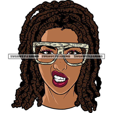 Angry Face African American Woman Wearing Sunglass Dollar Design Element Afro Hairstyle White Background SVG JPG PNG Vector Clipart Cricut Silhouette Cut Cutting