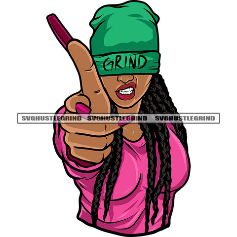 African American Woman Hand Showing Gun Pose Design Element Hide Eyes On Hat Locus Hairstyle Angry Face White Background SVG JPG PNG Vector Clipart Cricut Silhouette Cut Cutting