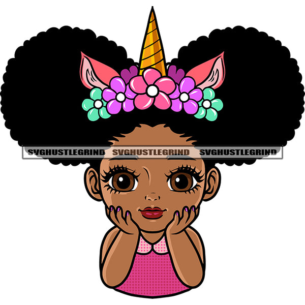 African American Cute Baby Girls Smile Face Design Element Wearing Horn Hairband Afro Puffy Hairstyle White Background SVG JPG PNG Vector Clipart Cricut Silhouette Cut Cutting