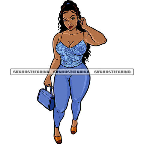 Afro Plus Size Woman Standing Smile Face Curly Long Hairstyle Design Element African American Sexy Pose White Background SVG JPG PNG Vector Clipart Cricut Silhouette Cut Cutting
