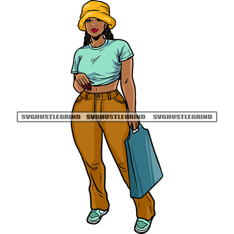 African American Woman Hand Holding Shopping Bag And Afro Girls Wearing Hat Long Hairstyle White Background SVG JPG PNG Vector Clipart Cricut Silhouette Cut Cutting