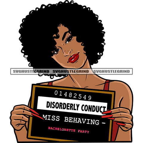 01482549 Disorerly Conduct Miss Behaving Afro Girls Hand Holding Board Smile Face African American Woman Curly Hairstyle Long Nail Design Element White Background SVG JPG PNG Vector Clipart Cricut Silhouette Cut Cutting