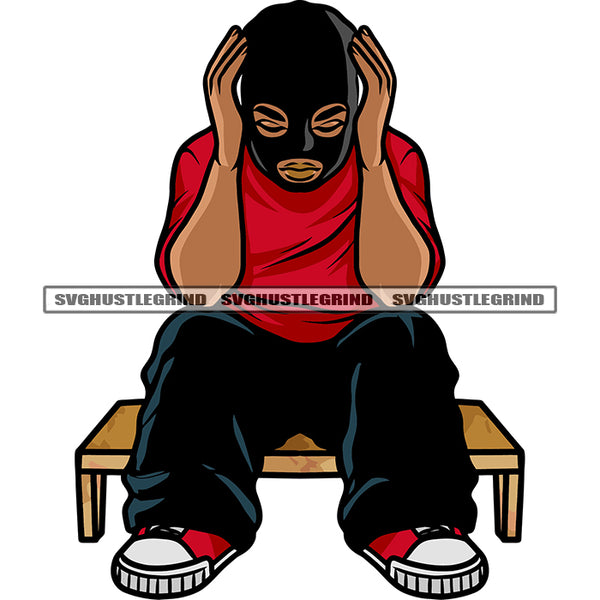 Afro Man Sitting Thinking Pose Wearing Ski Mask Design Element African American Gangster Man SVG JPG PNG Vector Clipart Cricut Silhouette Cut Cutting