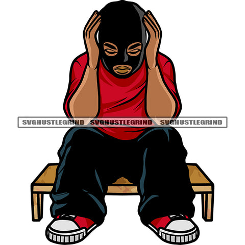 Afro Man Sitting Thinking Pose Wearing Ski Mask Design Element African American Gangster Man SVG JPG PNG Vector Clipart Cricut Silhouette Cut Cutting