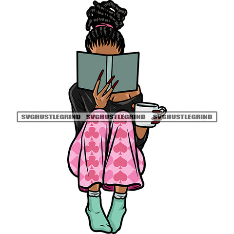 African American Hand Holding Coffee Mug And Book Design Element Afro Girls Hide Face On Book Locus Hairstyle White Background SVG JPG PNG Vector Clipart Cricut Silhouette Cut Cutting