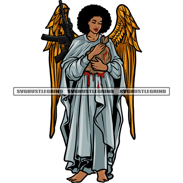 African American Gangster Angel Hand Holding Money Bag Gun On Back Side Golden Color Wing Design Element SVG JPG PNG Vector Clipart Cricut Silhouette Cut Cutting