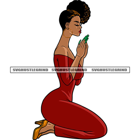 Woman Sitting Pose African American Woman Hard Praying Hand Afro Hairstyle Long Hairstyle Sexy Pose White Background Design Element SVG JPG PNG Vector Clipart Cricut Silhouette Cut Cutting
