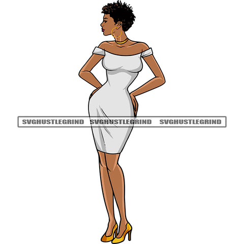 African American Gangster Woman Wearing Hoop Earing Afro Short Hairstyle Wearing Sexy Dress Design Element White Background SVG JPG PNG Vector Clipart Cricut Silhouette Cut Cutting