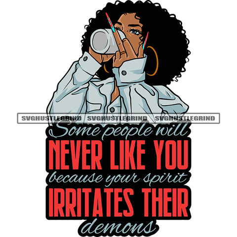 Some People Will Never Like You Because Your Spirit Irritates Their Demons Quote Afro Woman Showing Middle Finger And Hand Holding Coffee Mug Curly Hairstyle Design Element SVG JPG PNG Vector Clipart Cricut Silhouette Cut Cutting