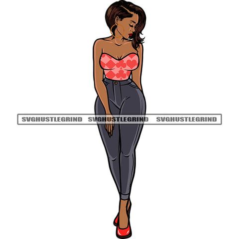 Beautiful African American Slim Woman Standing Close Eyes Afro Short Hairstyle Design Element White Background Black Beauty SVG JPG PNG Vector Clipart Cricut Silhouette Cut Cutting