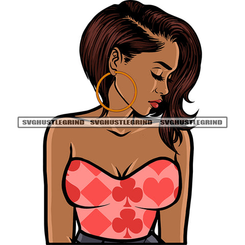 Beautiful African American Slim Woman Half Body Close Eyes Afro Short Hairstyle Design Element White Background Black Beauty Wearing Hoop Earing SVG JPG PNG Vector Clipart Cricut Silhouette Cut Cutting