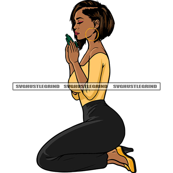 Hard Praying Hand African American Woman Sitting Pose Close Eyes Wearing Hoop Earing Design Element Afro Girls Short Hairstyle SVG JPG PNG Vector Clipart Cricut Silhouette Cut Cutting