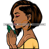 Afro Girls Hard Praying Hand Afro Short Hairstyle Design Element African American Girls Close Eyes Long Nail White Background SVG JPG PNG Vector Clipart Cricut Silhouette Cut Cutting