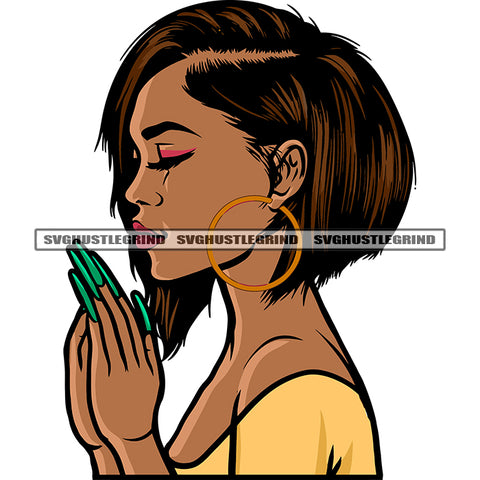 Afro Girls Hard Praying Hand Afro Short Hairstyle Design Element African American Girls Close Eyes Long Nail White Background SVG JPG PNG Vector Clipart Cricut Silhouette Cut Cutting