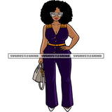 Smile Face Gangster African American Woman Standing Wearing Sunglass And Hand Holding Bag Puffy Hairstyle Design Element White Background SVG JPG PNG Vector Clipart Cricut Silhouette Cut Cutting