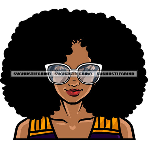Gangster African American Woman Smile Face Wearing Sunglass Puffy Hairstyle Design Element White Background SVG JPG PNG Vector Clipart Cricut Silhouette Cut Cutting