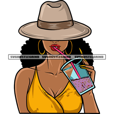 Gangster African American Girls Wearing Cowboy Hat Hand Holding Juice Mug Curly Long Hairstyle Hoop Earing Smile Face Design Element White Background SVG JPG PNG Vector Clipart Cricut Silhouette Cut Cutting