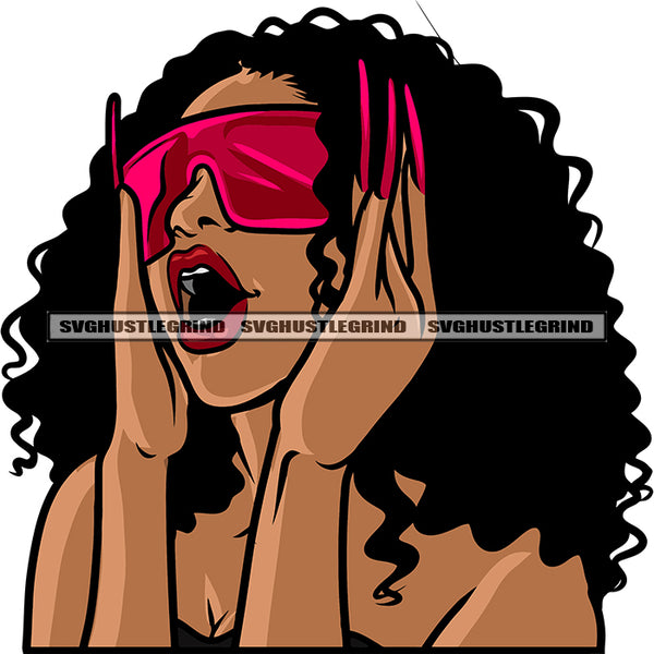 Gangster African American Woman Wearing Sunglass And Long Nail Design Element Curly Hairstyle Omg Pose White Background SVG JPG PNG Vector Clipart Cricut Silhouette Cut Cutting