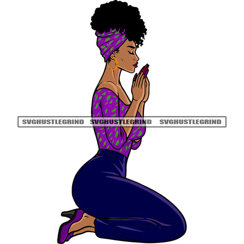 African American Girls Sitting Pose Hard Praying Hand Afro Girls Wearing Hoop Earing Long Nail Afro Hairstyle White Background SVG JPG PNG Vector Clipart Cricut Silhouette Cut Cutting