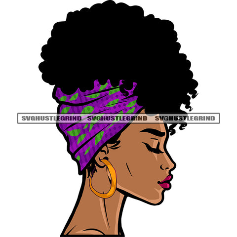 Slim Fit African American Girls Close Eyes Afro Hairstyle Design Element Wearing Hoop Earing And Hairband White Background SVG JPG PNG Vector Clipart Cricut Silhouette Cut Cutting