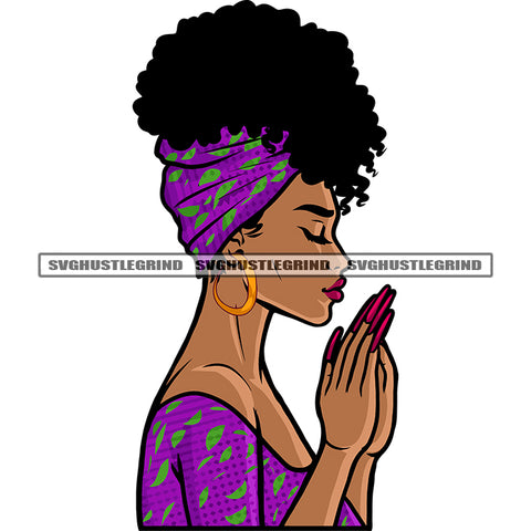 Hard Praying Hand Slim Fit African American Girls Close Eyes Afro Hairstyle Design Element Wearing Hoop Earing And Hairband White Background SVG JPG PNG Vector Clipart Cricut Silhouette Cut Cutting